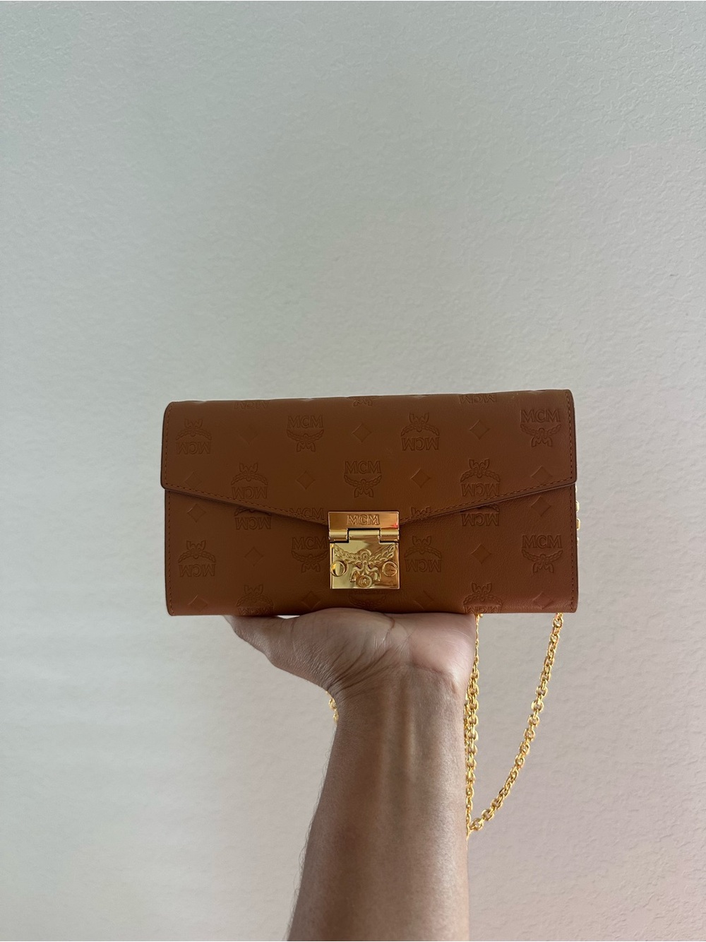 MCM Cognac Embossed Visetos Crossbody with Gold Hardware